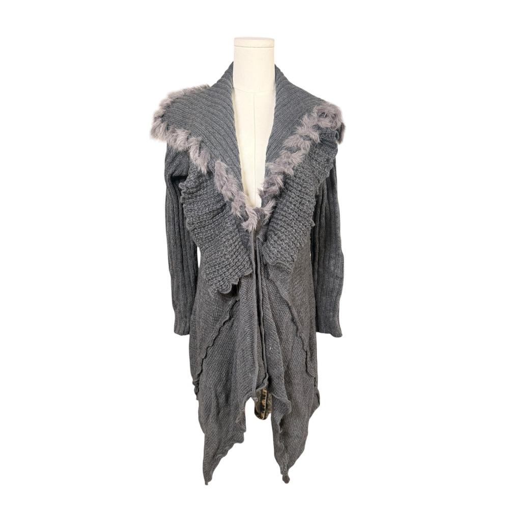 Midnight Velvet Gray Wool Blend Faux Fur Trim Cardigan Sweater Size M